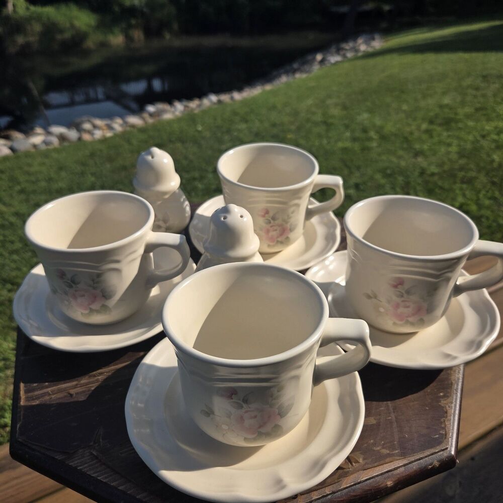 Pfaltzgraff Tea Rose Stoneware Set Cups Saucers Salt Pepper Shakers USA